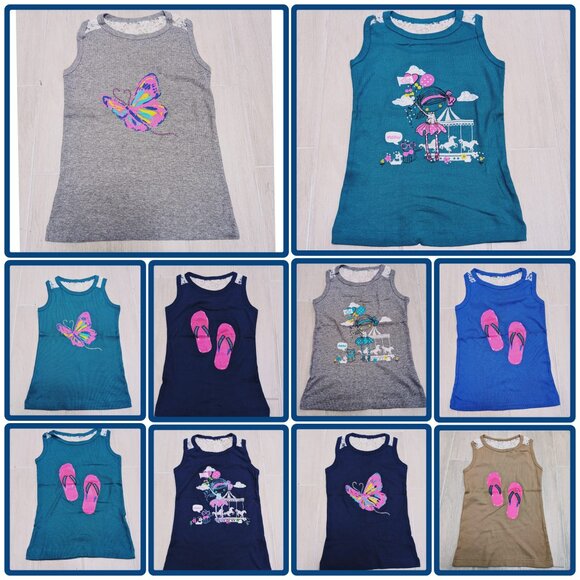 Girls Printed Cute Ribbed Cotton Blend Tank Top With Netted Back ,Soft & Comfy - Picture 2 of 2